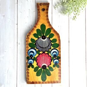 Vintage Wood Cutting Board Hand Painted Russian Khokhloma Style Folk Art Floral